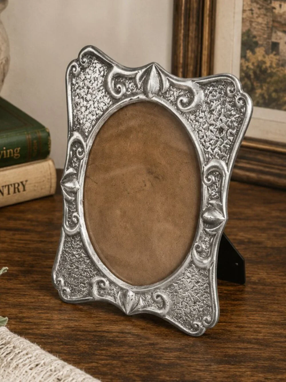 Vintage 1980s Mexican Pewter Picture Frame Spanish Colonial Ornate Curved Oval